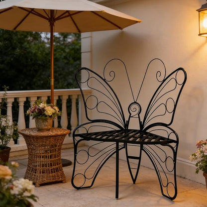 Small Metal Butterfly Garden Bench, Outdoor Benches Weatherproof, Patio Porch Bench for Outdoors, Outdoor Butterfly Chair Armless for Front Porch/Yard/Entryway (A-Black)