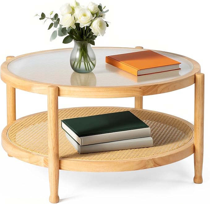 Outvita Outdoor Side Table, Rattan Rubber Wood Coffee Table with Weather - Resistant Coating, Double - Layer Storage, 31.5"x31.5"x 17.3", Easy Assembly for Patio, Garden, Living Room, Bedroom