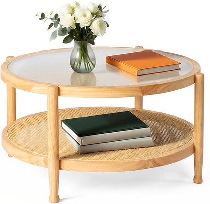 Outvita Outdoor Side Table, Rattan Rubber Wood Coffee Table with Weather - Resistant Coating, Double - Layer Storage, 31.5"x31.5"x 17.3", Easy Assembly for Patio, Garden, Living Room, Bedroom