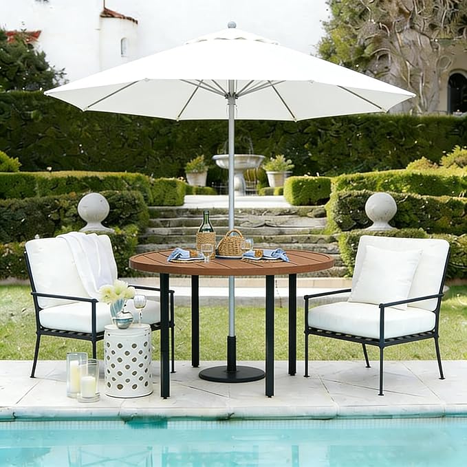 All-Weather 42" Round Outdoor Patio Table for 4, Metal Walnut Dining Table with Adjustable Umbrella Hole, Garden, Backyard & Deck Bistro Table