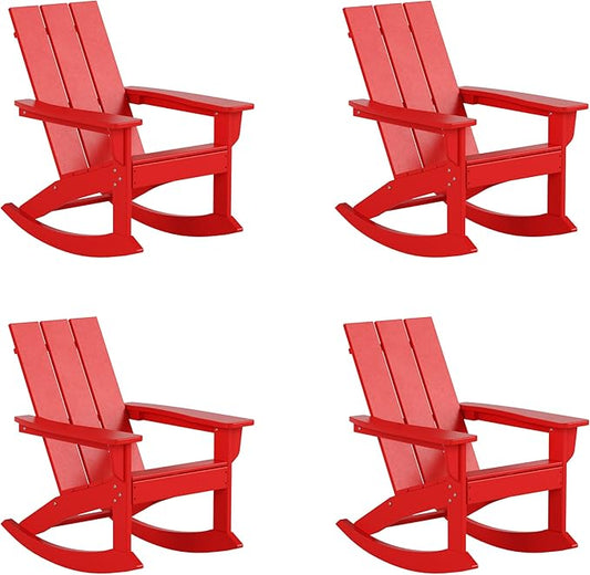 WestinTrends Ashore Patio Rocking Chairs Set of 4, All Weather Poly Lumber Plank Adirondack Rocker Chair, Modern Farmhouse Outdoor Rocking Chairs for Porch Garden Backyard and Indoor, Red