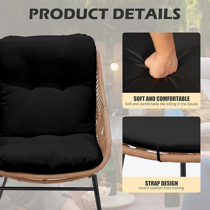 Outdoor Wicker Papasan Egg Chair with Ottoman, Patio Basket Lounge Chair Indoor Egg-Shaped Rattan Reading Lounger with Thick Cushion and Table for Living Room Bedroom Balcony Porch, Black