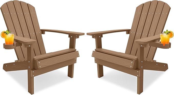 YEFU Adirondack Chairs Set of 2 for Patio: Zero Gravity Fire Pit Chairs Plastic with Cup Holders & Wood Texture - Sturdy All-Weather HIPS for Outdoor Backyard Lawn - Easy Assembly(Teak)