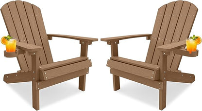 YEFU Adirondack Chairs Set of 2 for Patio: Zero Gravity Fire Pit Chairs Plastic with Cup Holders & Wood Texture - Sturdy All-Weather HIPS for Outdoor Backyard Lawn - Easy Assembly(Teak)
