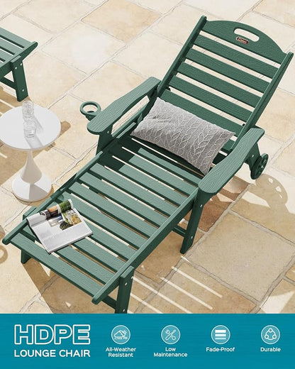 Chaise Lounge Chair Outdoor with Wheels Set of 2, Adjustable 5-Position Chaise Lounge Outdoor with Wood Texture, Patio Lounge Chair for Poolside Backyard, Green