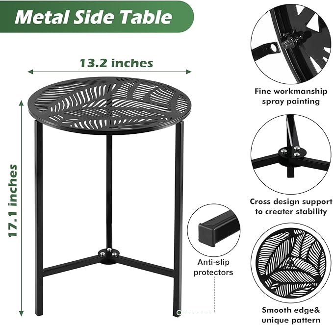 Party Zealot 1-Pack Small Round Metal Side Tables, 13-Inch Black Outdoor End Tables for Patio, Balcony, Porch or Garden – Weather-Resistant Corner Coffee Table for Small Spaces & Indoor Plant Stand