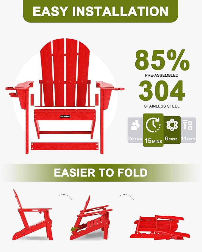 Folding Adirondack Chair with Dual Cup Holders, All-Weather HDPE Patio Chair Deck Chairs Outdoor, Fire Pit Chairs for Garden, Lawn, Poolside, Backyard, Pool - Red (Wood-Look)