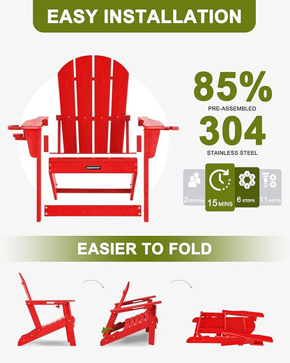 Folding Adirondack Chair with Dual Cup Holders, All-Weather HDPE Patio Chair Deck Chairs Outdoor, Fire Pit Chairs for Garden, Lawn, Poolside, Backyard, Pool - Red (Wood-Look)
