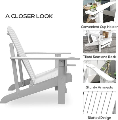 Outsunny Wooden Adirondack Chair, Outdoor Patio Lawn Chair with Cup Holder, Weather Resistant Lawn Furniture, Classic Lounge for Deck, Garden, Backyard, Fire Pit, White
