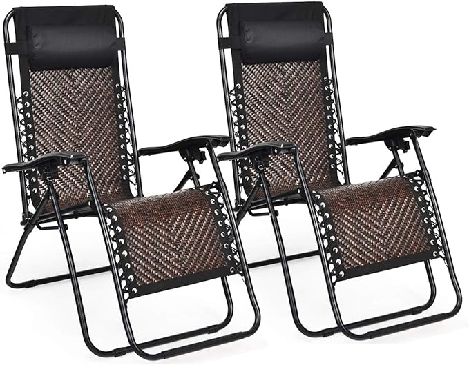 Tangkula Patio Rattan Zero Gravity Lounge Chair, Outdoor Folding Lounge Chair w/Removable Head Pillow, Adjustable Lounge with Widened Armrest & Locking System for Balcony Yard Poolside (2, Coffee)