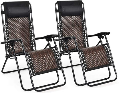 Tangkula Patio Rattan Zero Gravity Lounge Chair, Outdoor Folding Lounge Chair w/Removable Head Pillow, Adjustable Lounge with Widened Armrest & Locking System for Balcony Yard Poolside (2, Coffee)