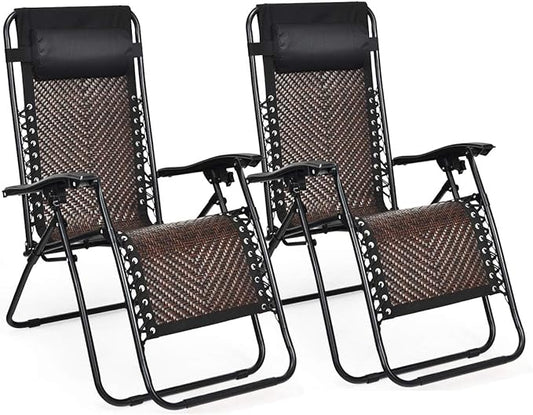 Tangkula Patio Rattan Zero Gravity Lounge Chair, Outdoor Folding Lounge Chair w/Removable Head Pillow, Adjustable Lounge with Widened Armrest & Locking System for Balcony Yard Poolside (2, Coffee)