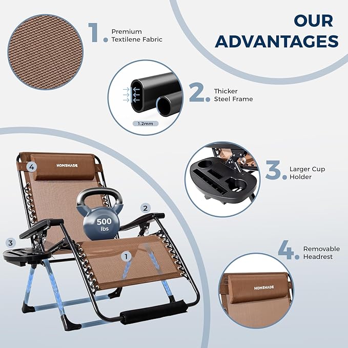 HOMSHADE XXL Zero Gravity Chair with Cushion, 33In Oversized Zero Gravity Lounge Chair, Patio Outdoor Recliner Chair for Indoor Outdoor with Headrest, Cup Holder, Footrest Support 500Lbs, Brown