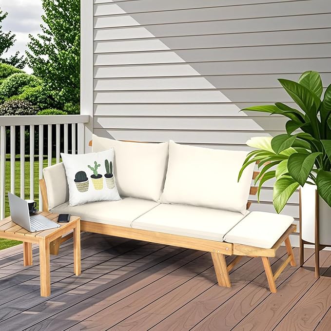 S AFSTAR Patio Convertible Couch Sofa Bed, Acacia Wood Chaise Lounger with Adjustable Armrest, Cushion & Pillows - Photo 2