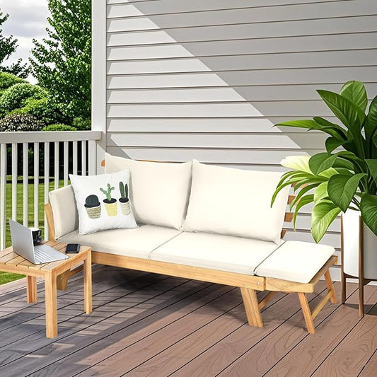S AFSTAR Patio Convertible Couch Sofa Bed, Acacia Wood Chaise Lounger with Adjustable Armrest, Cushion & Pillows, Outdoor Daybed Loveseat Furniture for Backyard, Garden, Poolside, Porch