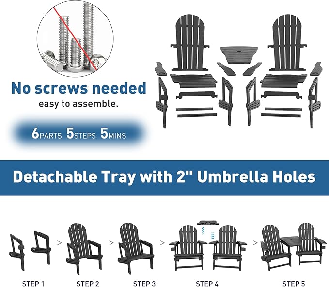 Adirondack Chair Set of 2, All Weather HDPE Adirondack Chair with Double Connecting Trays, Plastic Adirondack Chairs for Balcony, Deck, Patio, Backyard, Garden, Black