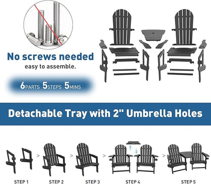 Adirondack Chair Set of 2, All Weather HDPE Adirondack Chair with Double Connecting Trays, Plastic Adirondack Chairs for Balcony, Deck, Patio, Backyard, Garden, Black