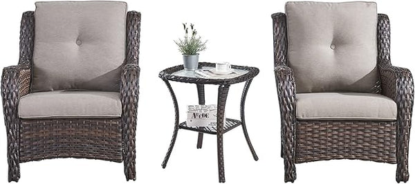 HUMMUH 3 Pieces Patio Bistro Set Wicker Patio Chairs Set of 2 with Tempered Glass Top Side Table Rattan Outdoor - Photo 1