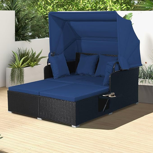 LDAILY Moccha Outdoor Daybed with Retractable Canopy, Wicker Cabana with 2 Side Tables & Soft Cushions,Hand-Woven PE Rattan Bed Lounger, Patio Sectional Furniture Set for Garden Backyard Porch (Navy)