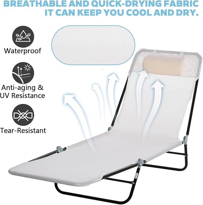 Outdoor Tanning Chair with Pillow, Folding Chaise Lounge Chair with Adjustable Backrest, Portable Lay Flat Beach Lounge Chairs for Sunbathing Poolside Patio Lawn Camping(Cream White)