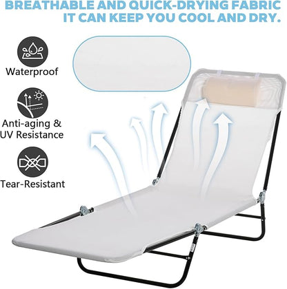 Outdoor Tanning Chair with Pillow, Folding Chaise Lounge Chair with Adjustable Backrest, Portable Lay Flat Beach Lounge Chairs for Sunbathing Poolside Patio Lawn Camping(Cream White)