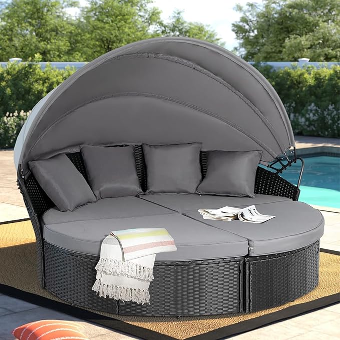 Outdoor Patio Furniture Canopy Daybed Round Sofas, 4 Pieces Seating Separates Cushioned Seats, Black Wicker - Photo 2