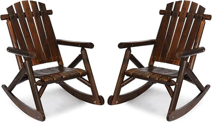 HOMEDIARY Wooden Adirondack Rocking Chair, Patio Log Rocker Outdoor Lounge Chair with Slatted Wooden Design, High Fanned Back & Classic Rustic Style for Garden Patio Backyard (Set of 2, Carbonized)