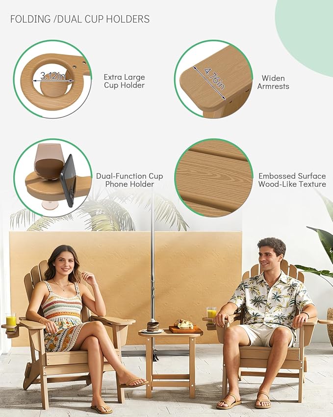 Plawdlik Folding Adirondack Chair Set of 4-with Two Cup Holder, Widened Heavy All-Weather HDPE, SGS Tested - Photo 4