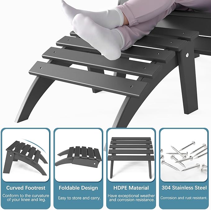 Adirondack Ottoman Set of 4, Folding Adirondack Ottoman for Adirondack Chair, HDPE All Weather Outdoor Footstool for Patio, Backyard, Porch, Garden, Grey
