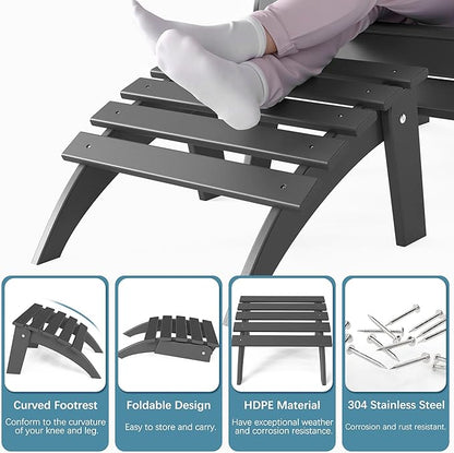 Adirondack Ottoman Set of 2, Folding Adirondack Ottoman for Adirondack Chair, HDPE All Weather Outdoor Footstool for Patio, Backyard, Porch, Garden, Grey