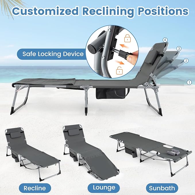 COSTWAY Tanning Chair with Face Hole, Folding Sun Bathing Lounge Chair with Armrest, Side Pocket & Protective Flap - Photo 4