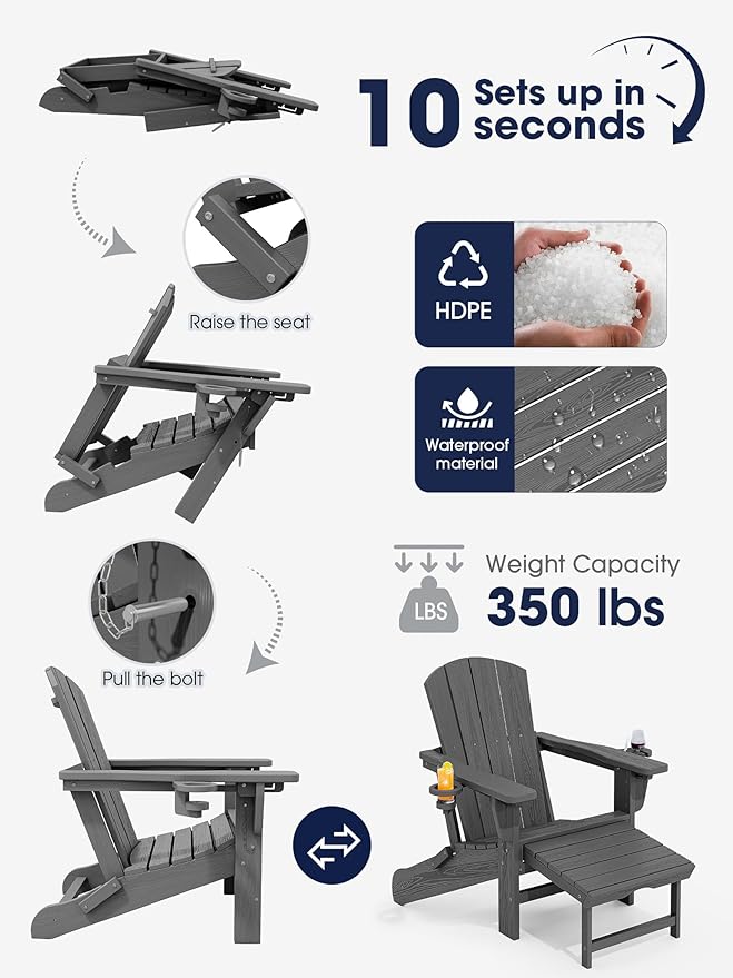 KINGYES Adjustable Folding Adirondack Chairs with Footrest & 2 Cup, HDPE Recliner Adirondack Chair with Ottoman, Grey - Photo 6