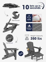 KINGYES Adjustable Folding Adirondack Chairs with Footrest & 2 Cup, HDPE Recliner Adirondack Chair with Ottoman, Grey - Photo 6