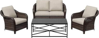 4 Pieces Outdoor Conversation Furniture Set, 55" Patio Couch，47" Metal Coffee Table, 2 Chairs, Rattan Wicker Sofa with Removable Cushions for Bistro, Deck (Beige)