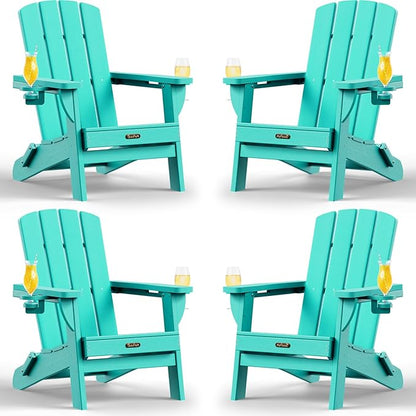 Folding Adirondack Chair 4 Pack, HDPE All-Weather Fire Pit Chairs, Plastic Adirondack Chairs with 2 Cup Holder, Outdoor Lawn Chair for Patio Garden (Lake Blue)