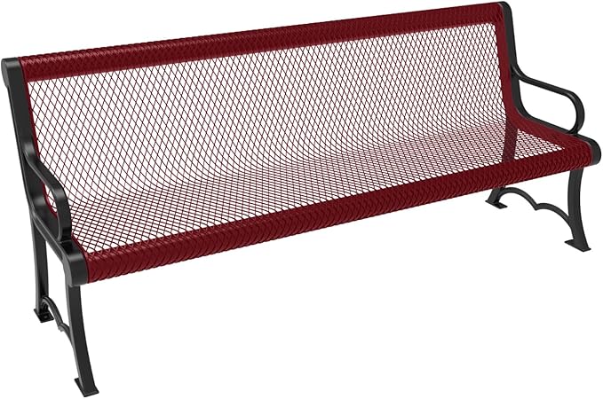 COATEDOUTDOORFURNITURE Coated Outdoor Furniture Heavy-Duty Outdoor Bench Thermoplastic Coated, Expanded Metal, Commercial-Grade Garden Bench, Made in America (Portable with Back, 6 Ft, Burgundy)