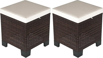 Outsunny 2 Pieces Outdoor Patio Ottomans, All Weather Wicker Outdoor Footstools with Removable Cushions, 3-in-1 PE Rattan Ottoman Seat, Footrest and Side Table for Backyard, Poolside, Beige