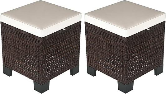 Outsunny 2 Pieces Outdoor Patio Ottomans, All Weather Wicker Outdoor Footstools with Removable Cushions, 3-in-1 PE Rattan Ottoman Seat, Footrest and Side Table for Backyard, Poolside, Beige