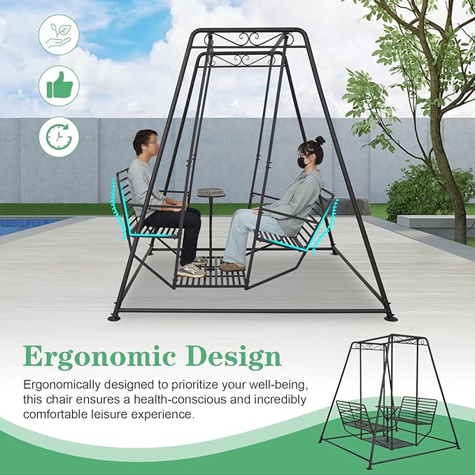 87”H Metal Swing Chair w/Table, Heavy Duty Outdoor Swing Bench with Stand, 4-Seat Swingsets for Patio Garden Yard, 880 LBS Weight Capacity, Easy Assembly, Black