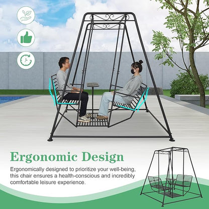 87”H Metal Swing Chair w/Table, Heavy Duty Outdoor Swing Bench with Stand, 4-Seat Swingsets for Patio Garden Yard, 880 LBS Weight Capacity, Easy Assembly, Black
