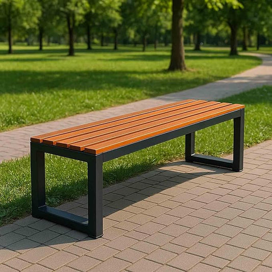 31" Outdoor Bench Weatherproof Patio Garden Benches Metal Backless Bench Seating 2-4 Person Slatted Chairs for Porch Patio Lawn and Backyard Black(Brown,L-47)