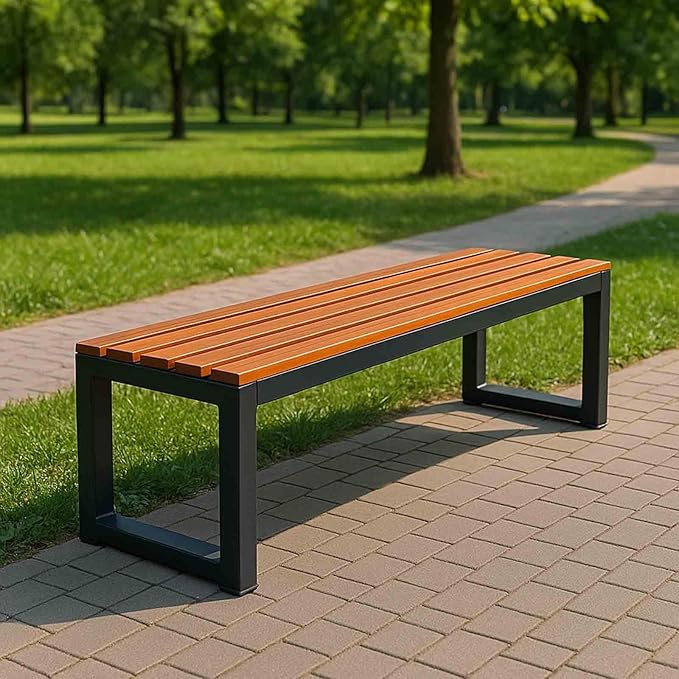 31" Outdoor Bench Weatherproof Patio Garden Benches Metal Backless Bench Seating 2-4 Person Slatted Chairs for Porch Patio Lawn and Backyard Black(Brown,L-31)