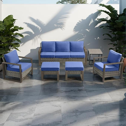 Outdoor Wicker Patio Furniture Set - 6 Piece Patio Conversation Set with 2 Wicker Armrest Chairs,2 Rattan Ottoman,1 Side Table and 1 Couch,Sturdy Frame,Thick Cushions,Deep Seating(Mixed Grey/Blue)