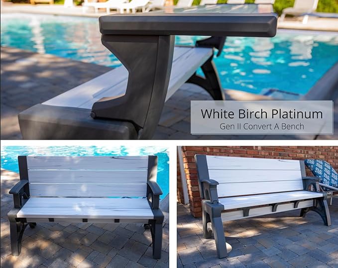 Convert-a-Bench 2-in-1 Outdoor Bench & Picnic Table - Foldable, Weather-Resistant Seating - Perfect for Patio, Lawn, Garden, or Deck - Durable & Easy Assembly - 1 Bench/Order, Platinum White Birch