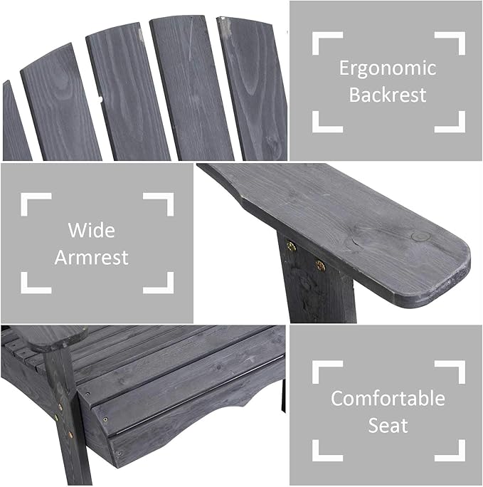 Outsunny Wooden Adirondack Chairs for Two People, Outdoor Fire Pit Chair with Table & Umbrella Hole, Patio Chair for Deck Lawn Pool Backyard, Gray