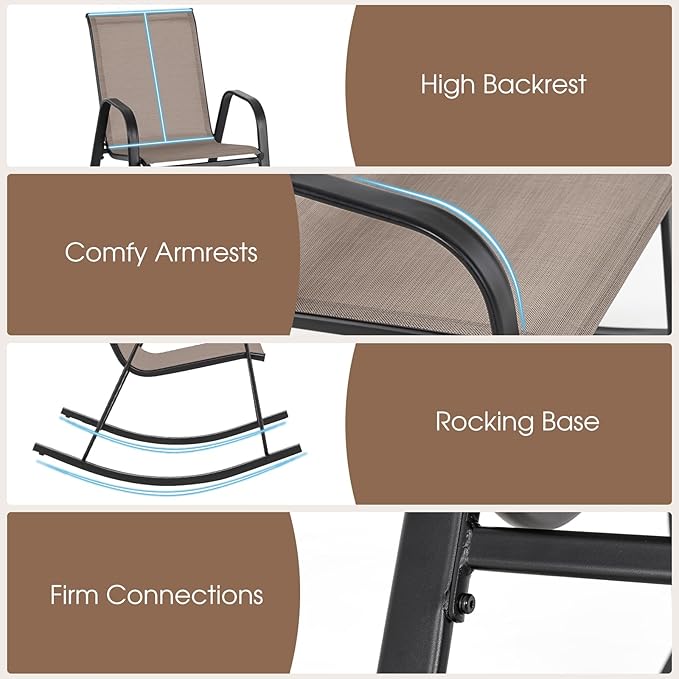 Giantex Outdoor Rocking Chairs Set of 2, Patio Rocking Chairs w/Breathable Seat & Back, Heavy-Duty Metal Support, Ergonomic Outside Rocker for Backyard, Poolside, Garden (2, Brown)