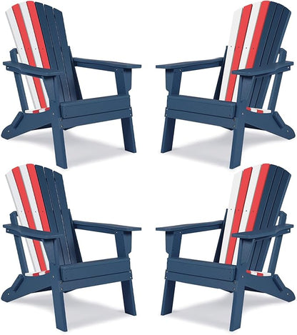 Aoodor Folding Adirondack Chair HDPE Outdoor All-Weather Chair for Patio, Garden, Backyard, Lawn, Fire Pit, Set of 4, Red&White&Blue