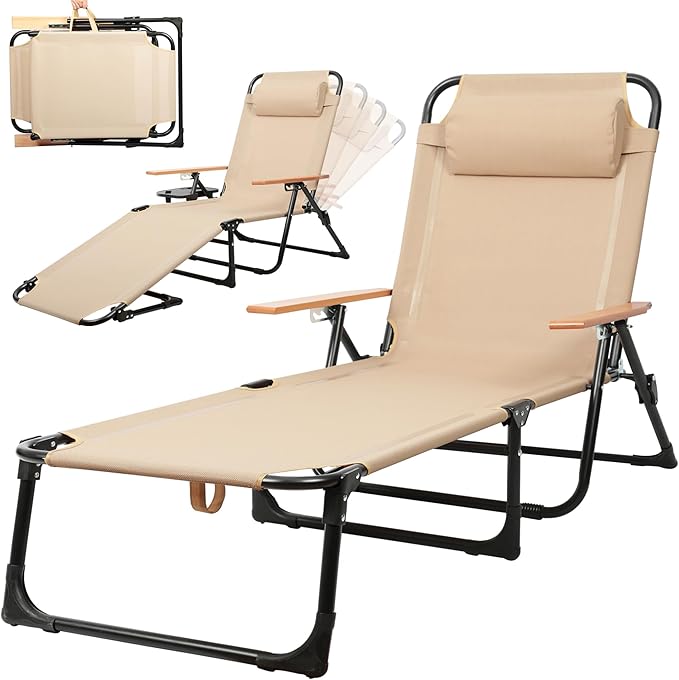 Outdoor Chaise Lounge Chair with 4-Position Adjustable Backrest, Patio Folding Sun Tanning Chair, Pillow & Cup Holder, Portable Recliner Sunbathing Lounger Chairs for Pool Beach Lawn Garden (Beige)