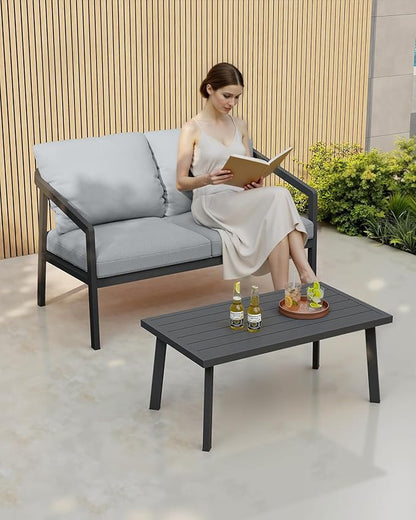 Patio Coffee Table, Never-Rust Aluminum Outdoor Coffee Table with Wood Grain Texture, Modern Rectangle Garden Coffee Table with Slatted Tabletop for Poolside, Decks, Indoor, Backyard, Black | Never-Rust, Slatted Tabletop