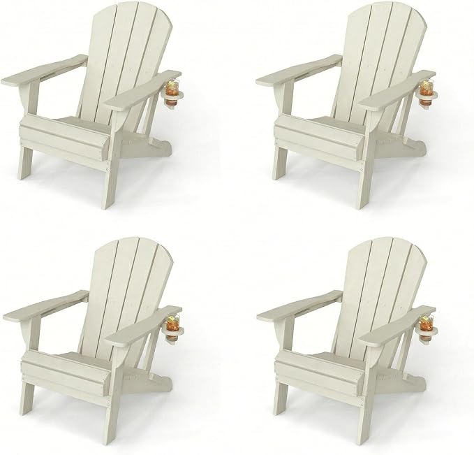 Kingdura Folding Adirondack Chairs Set of 4, Portable HDPE Outdoor Patio Chair with Wooden Textured & Cup Holder, All Weather Resistant, 380LBS Capacity for Pool, Backyard, Balcony, Fire Pit (White)